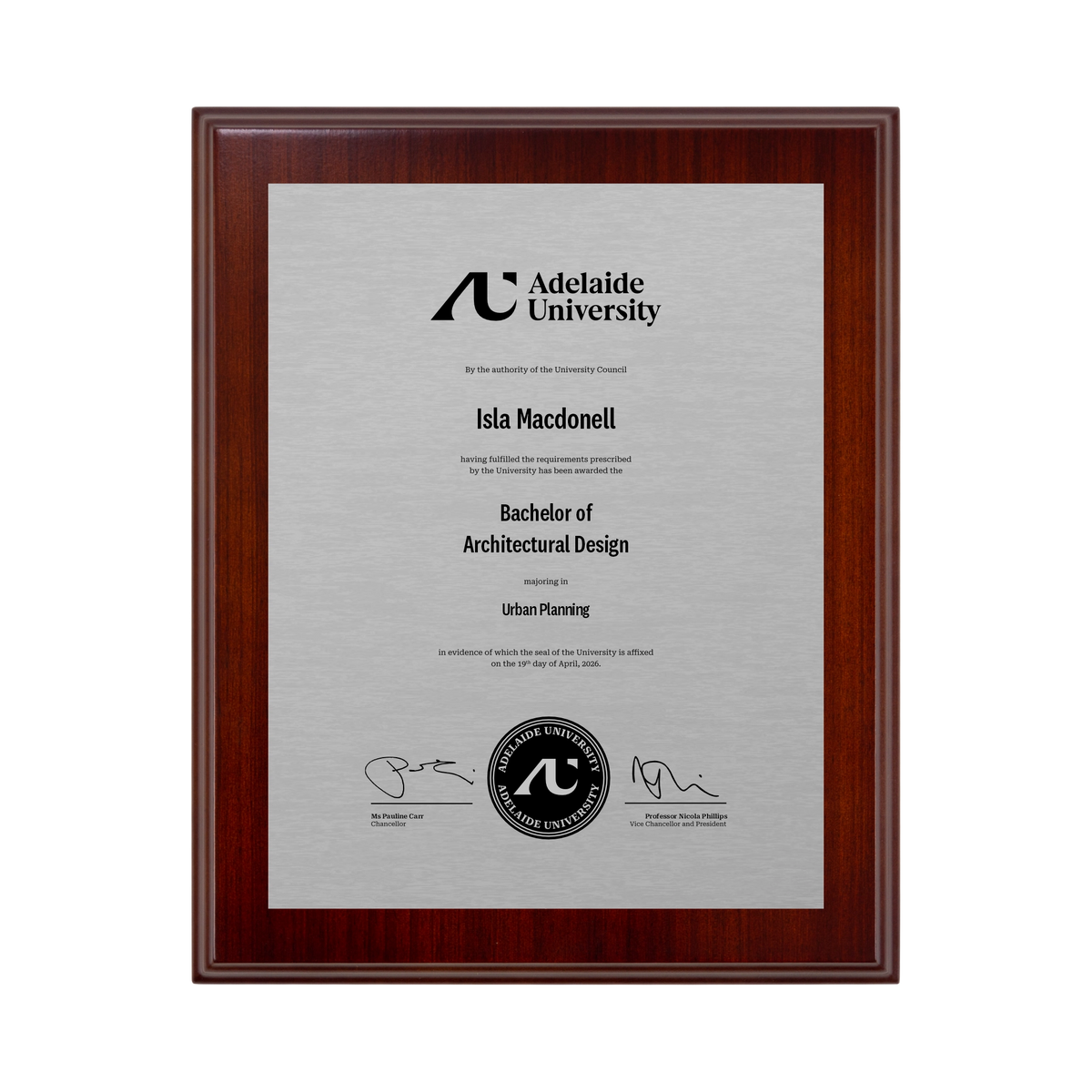 Small Desktop Certificate Plaque (Timber Backing) - Adelaide University