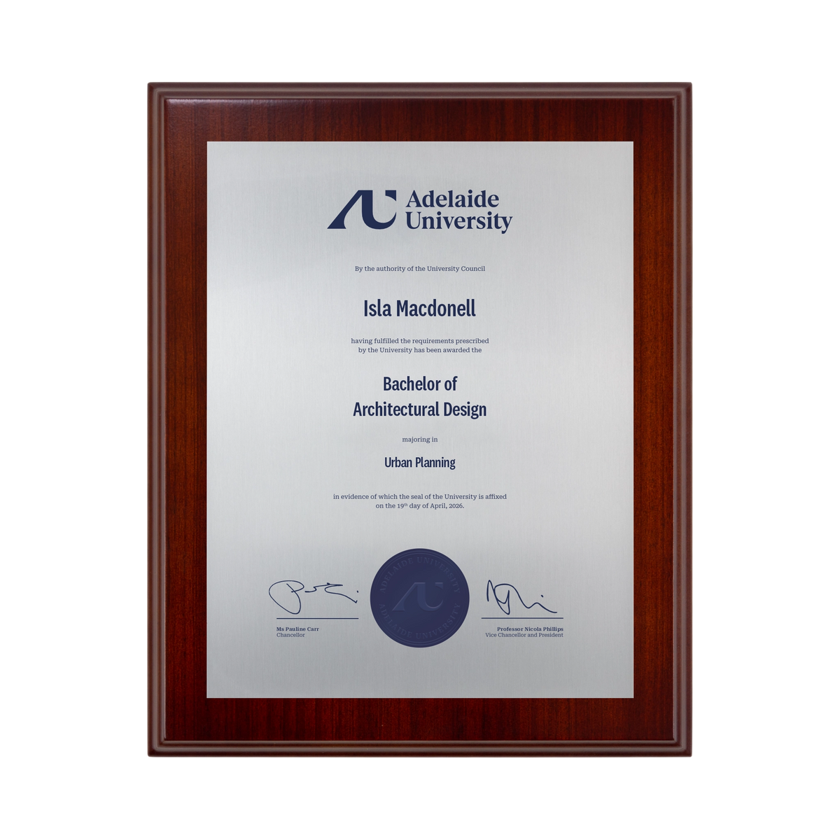 Small Desktop Certificate Plaque (Timber Backing) - Adelaide University