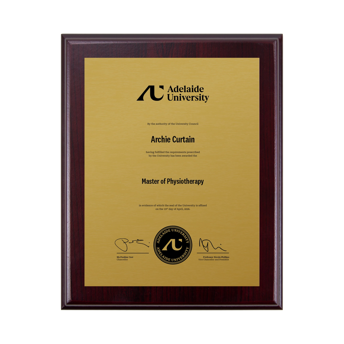 Small Desktop Certificate Plaque (Timber Backing) - Adelaide University