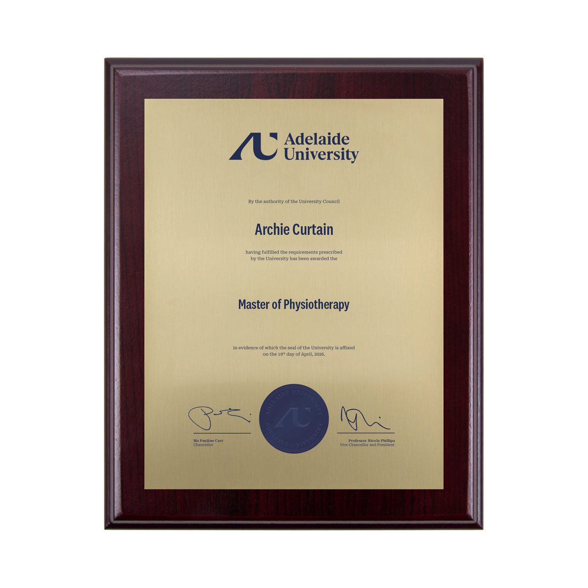 Small Desktop Certificate Plaque (Timber Backing) - Adelaide University