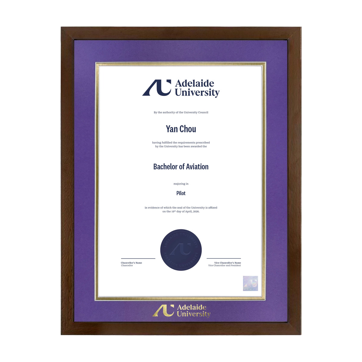 Chocolate Single Certificate Frame - Adelaide University
