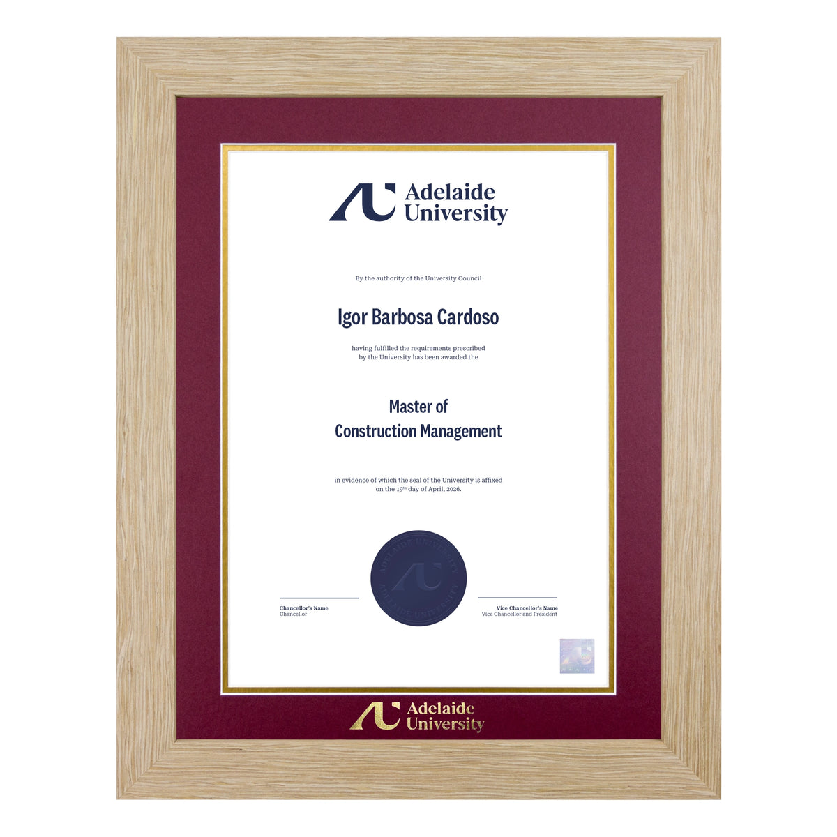 Natural Single Certificate Frame- Adelaide University