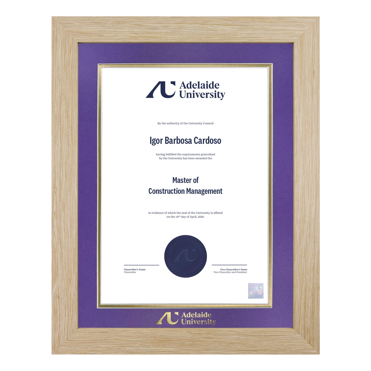 Natural Single Certificate Frame- Adelaide University