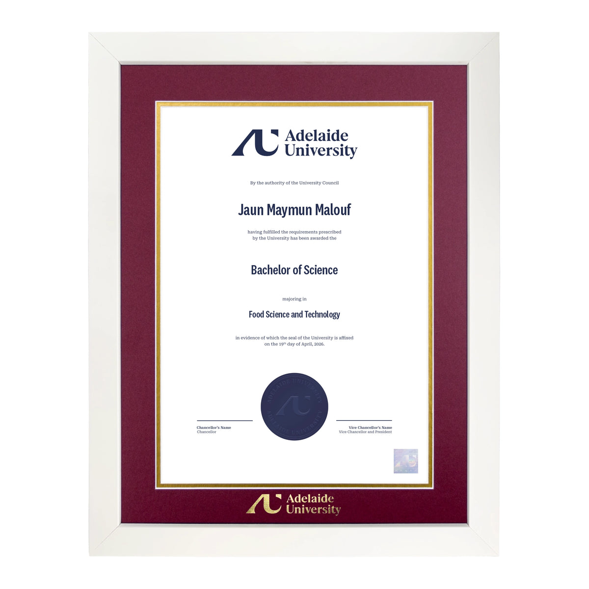 Pristine White Single Certificate Frame - Adelaide University
