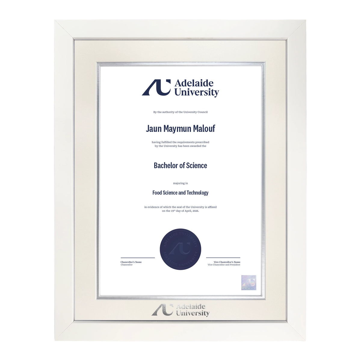 Pristine White Single Certificate Frame - Adelaide University