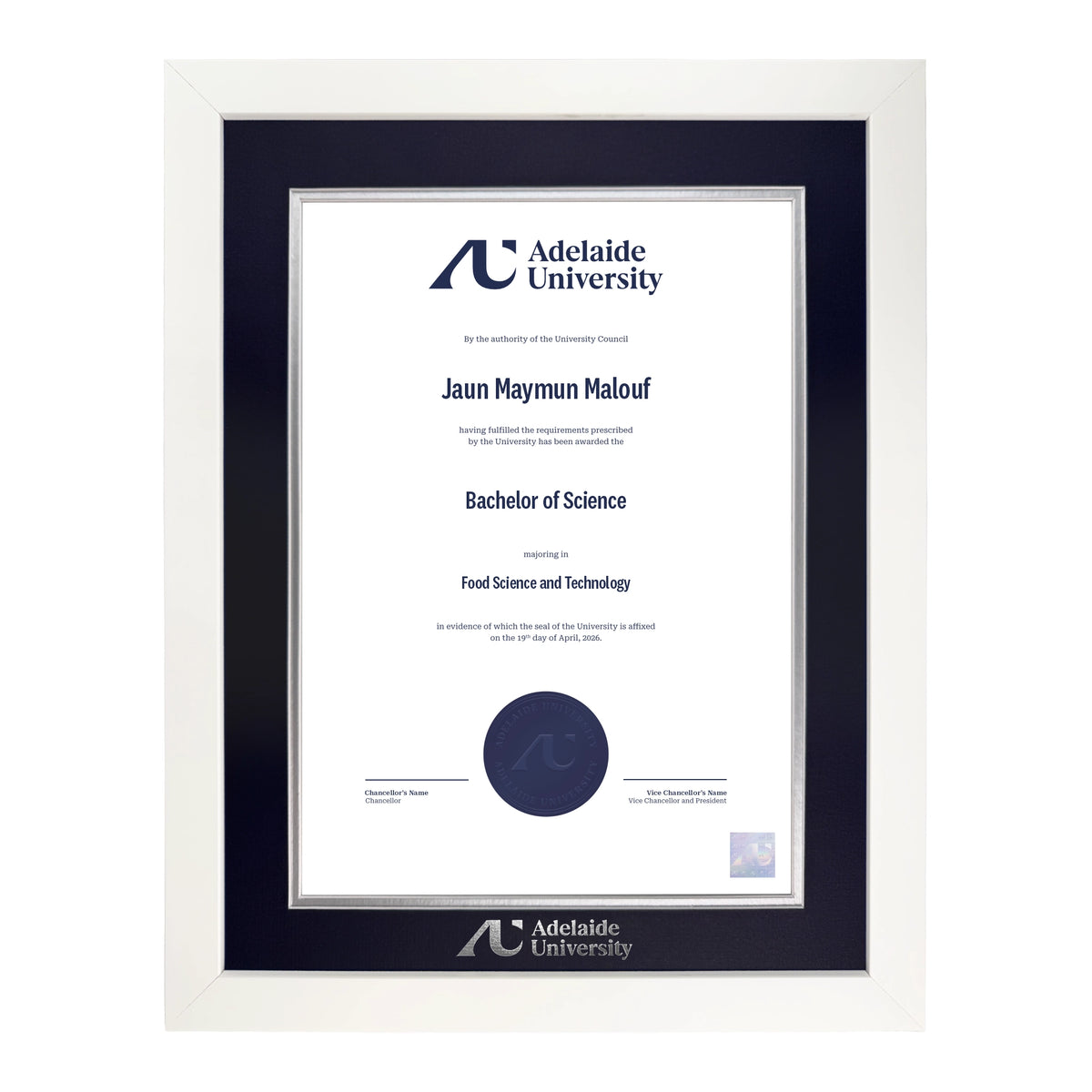 Pristine White Single Certificate Frame - Adelaide University