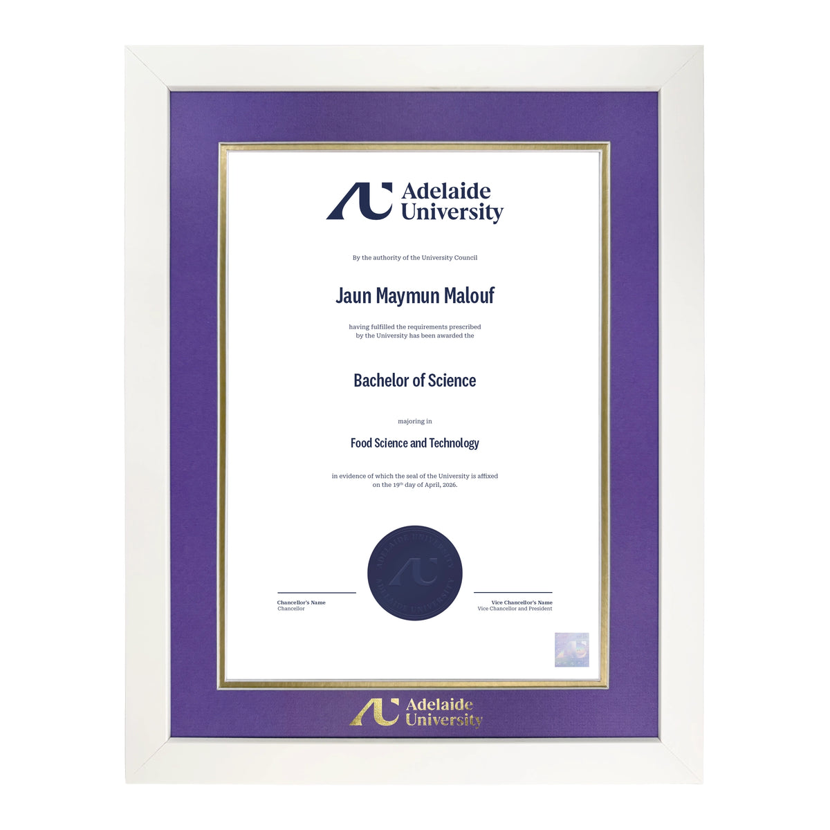 Pristine White Single Certificate Frame - Adelaide University