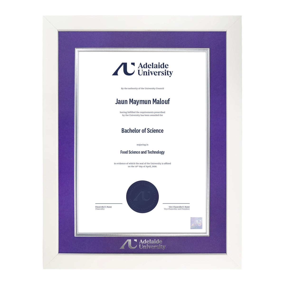 Pristine White Single Certificate Frame - Adelaide University