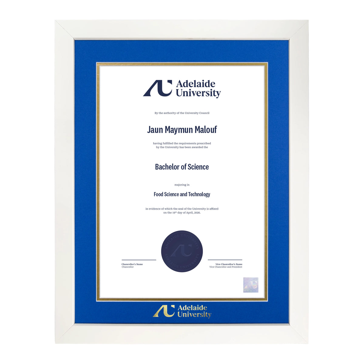 Pristine White Single Certificate Frame - Adelaide University