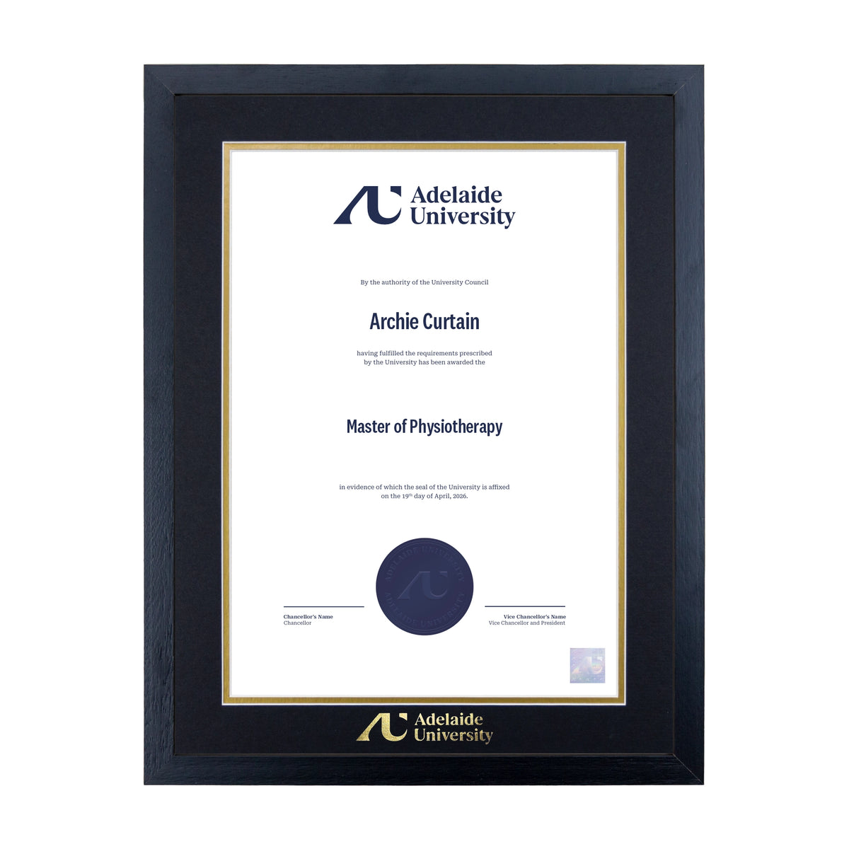 Standard Black Single Certificate Frame - Adelaide University