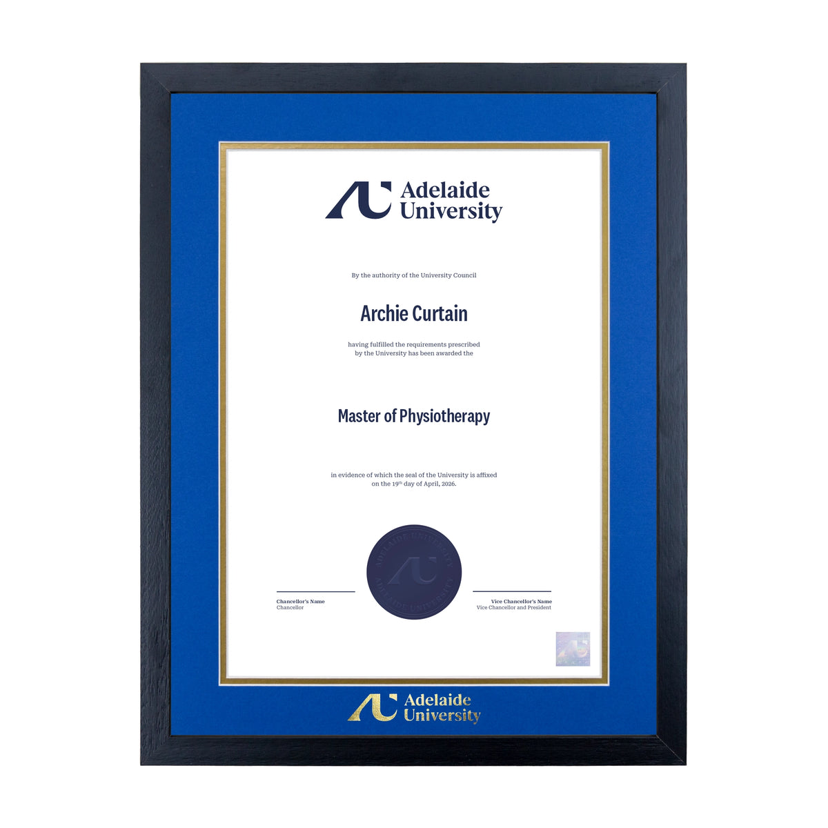Standard Black Single Certificate Frame - Adelaide University