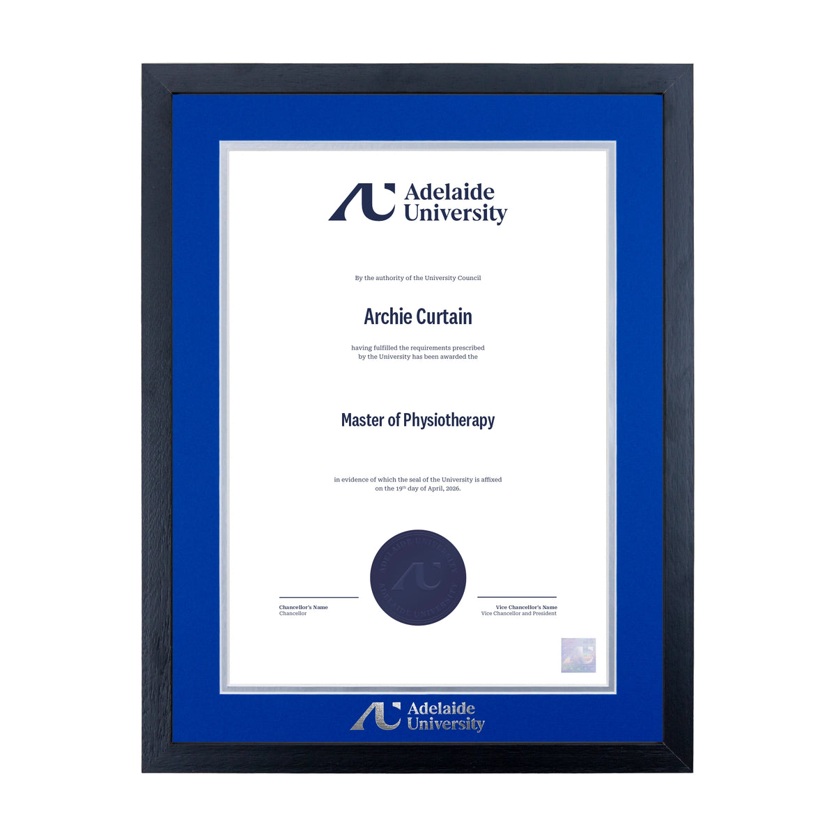 Standard Black Single Certificate Frame - Adelaide University