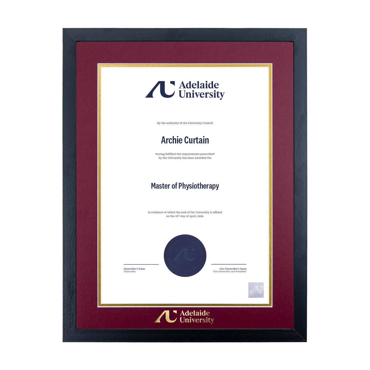 Standard Black Single Certificate Frame - Adelaide University
