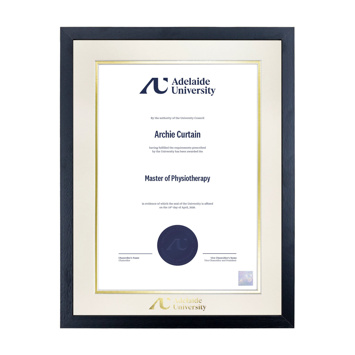 Standard Black Single Certificate Frame - Adelaide University