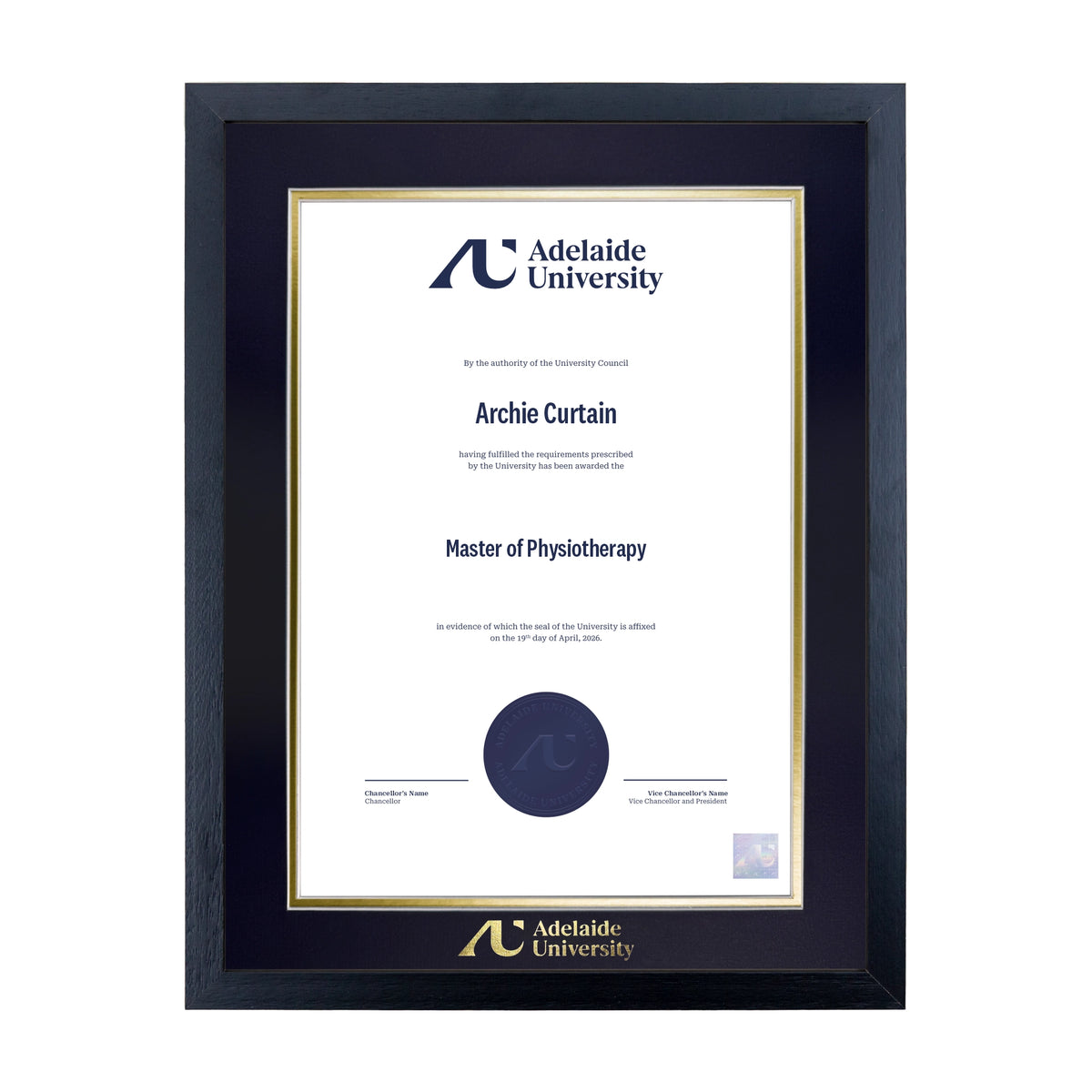 Standard Black Single Certificate Frame - Adelaide University