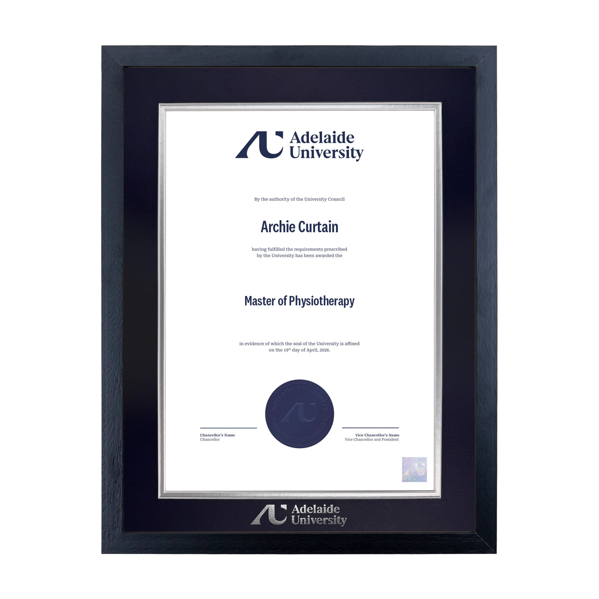 Standard Black Single Certificate Frame - Adelaide University