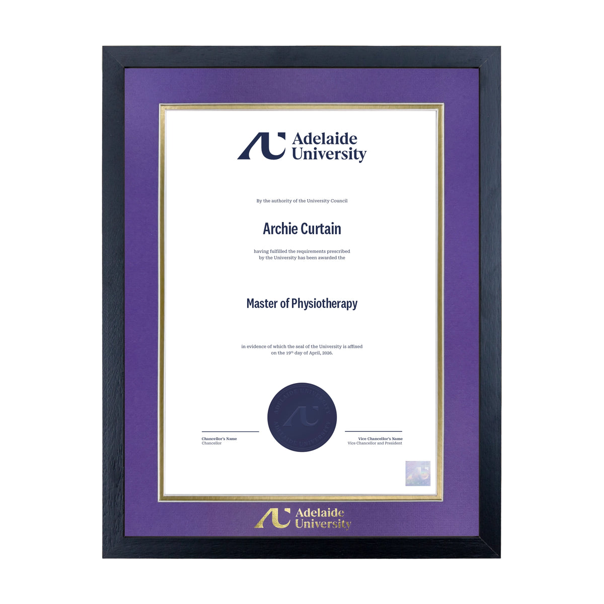 Standard Black Single Certificate Frame - Adelaide University