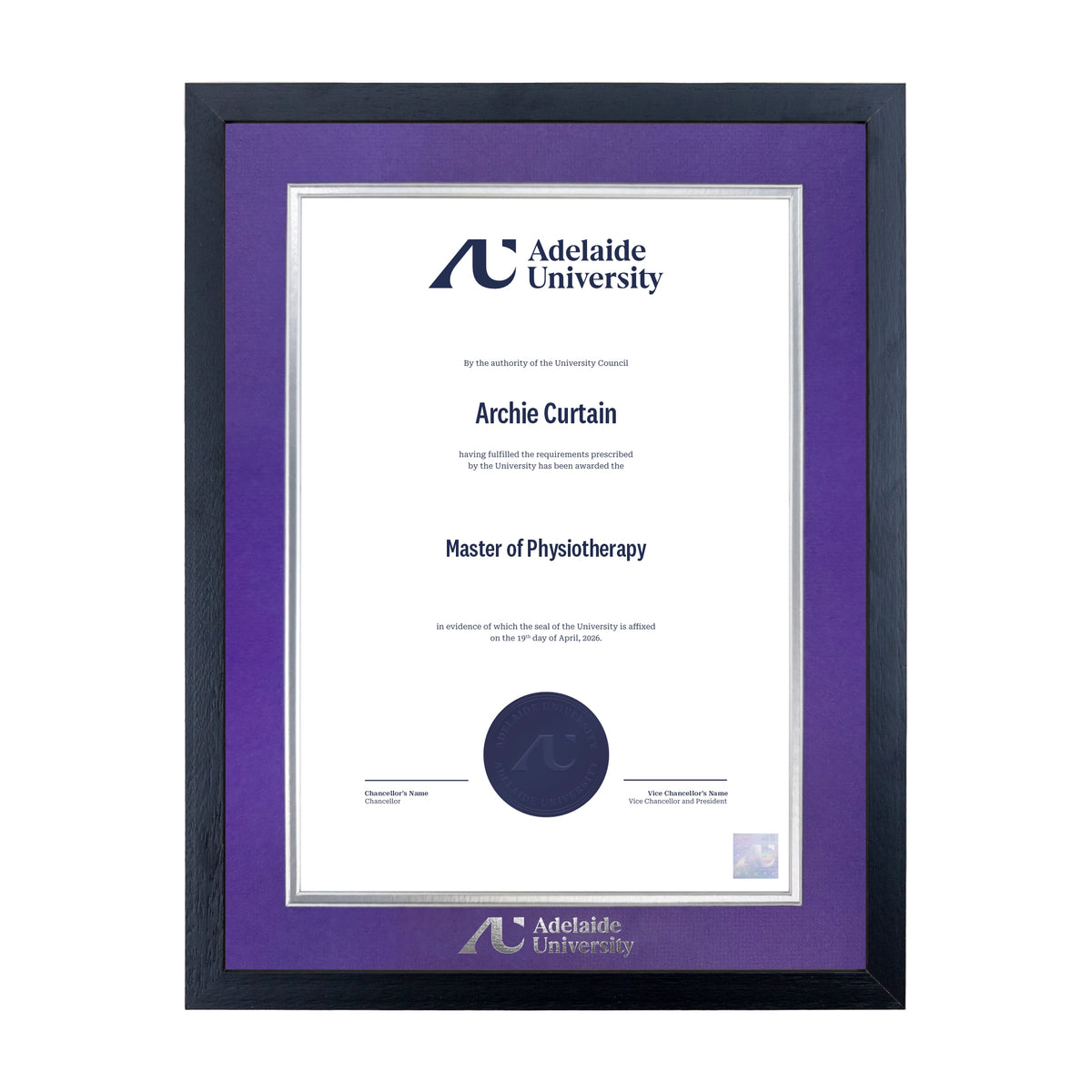 Standard Black Single Certificate Frame - Adelaide University