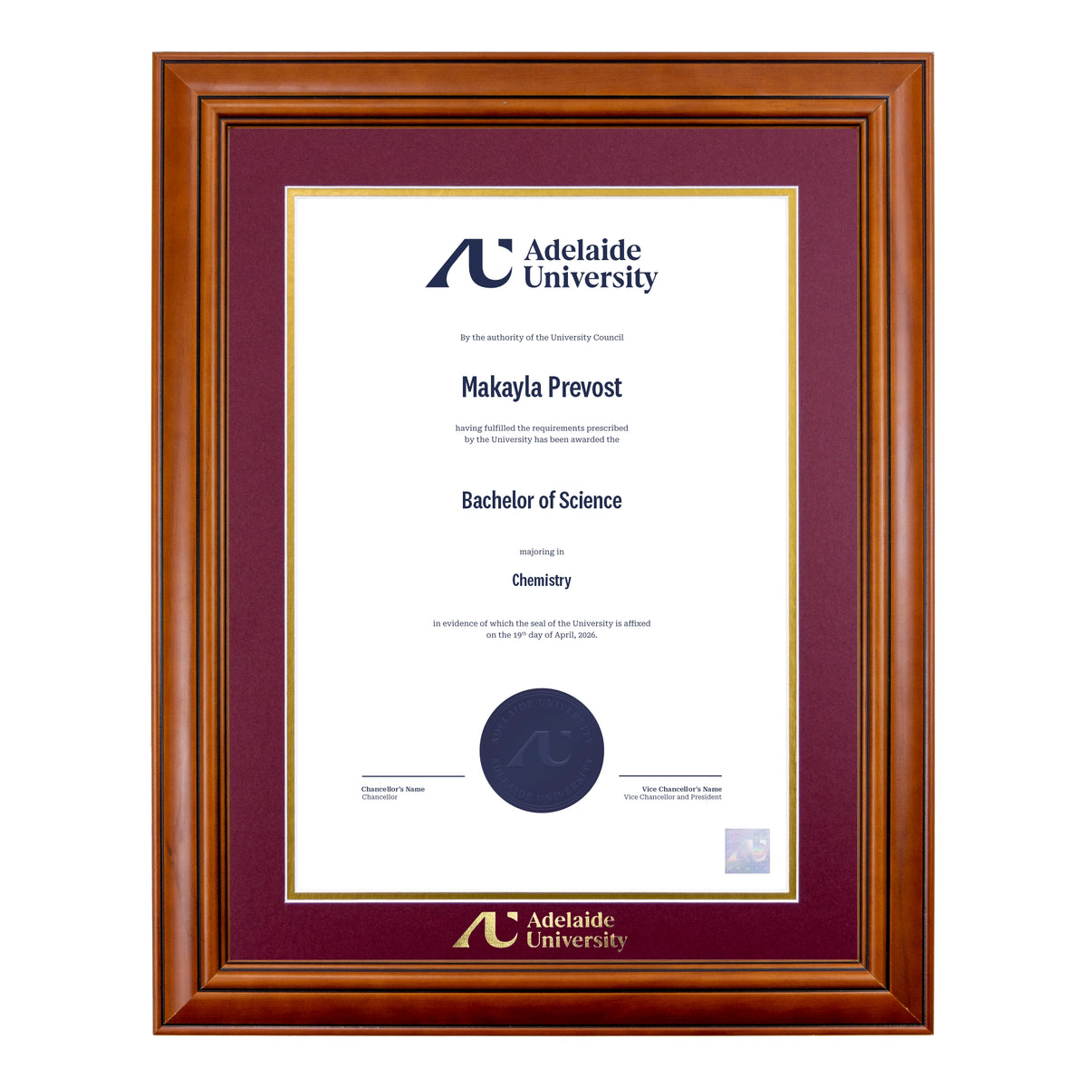 Traditional Timber Single Certificate Frame - Adelaide University
