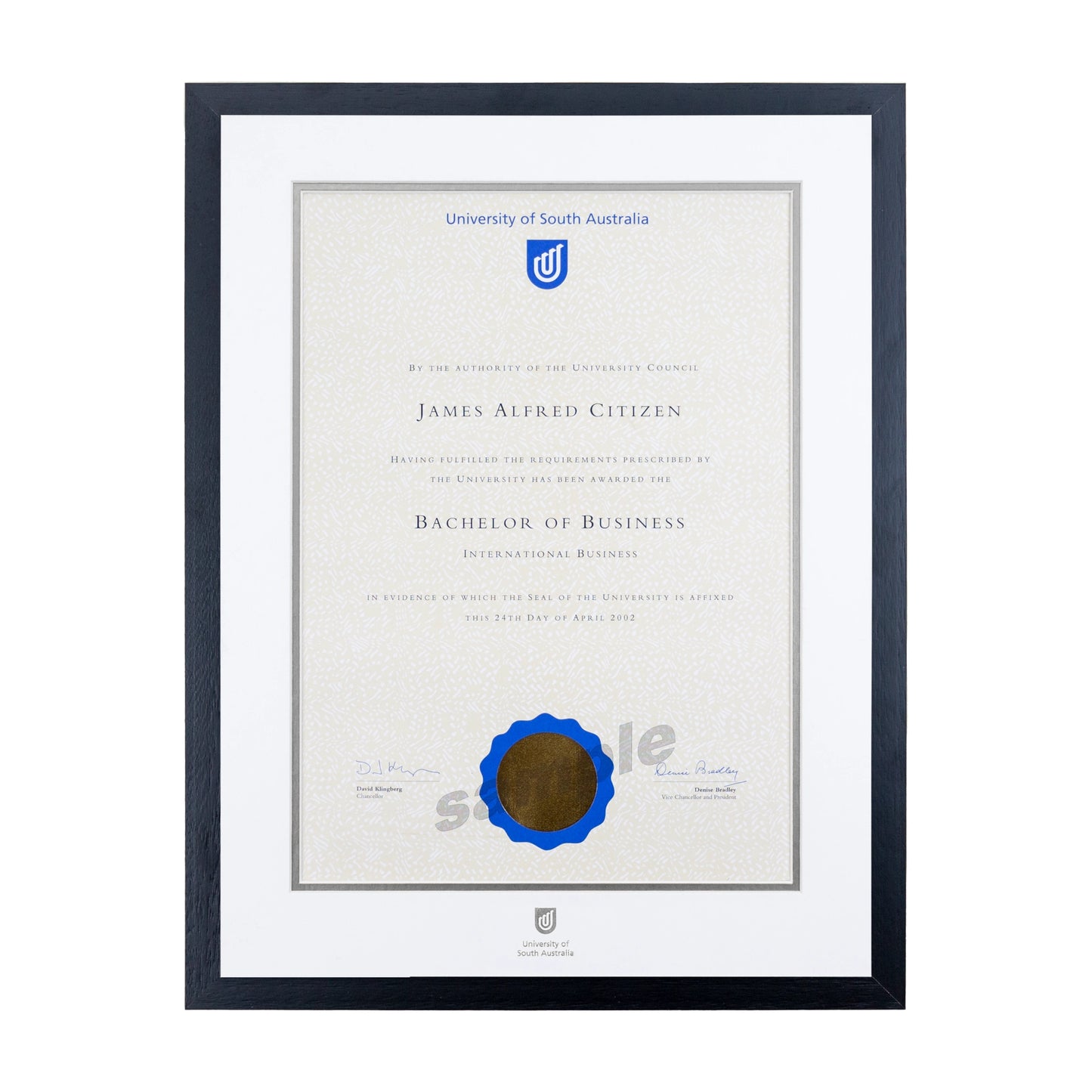 Standard Black Single Certificate Frame - University of South Australia