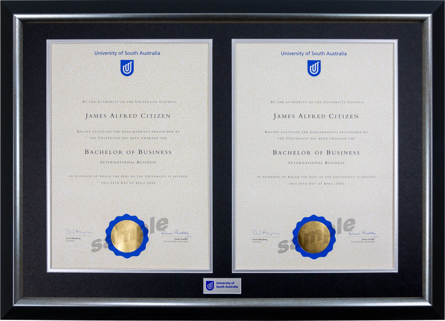 University of South Australia Double Certificate Frame - Premium Gold