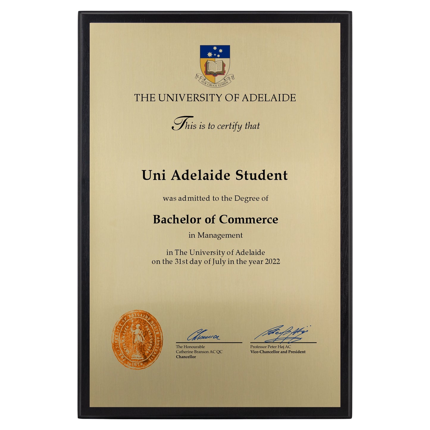 University of Adelaide Certificate Plaque - A3 Size