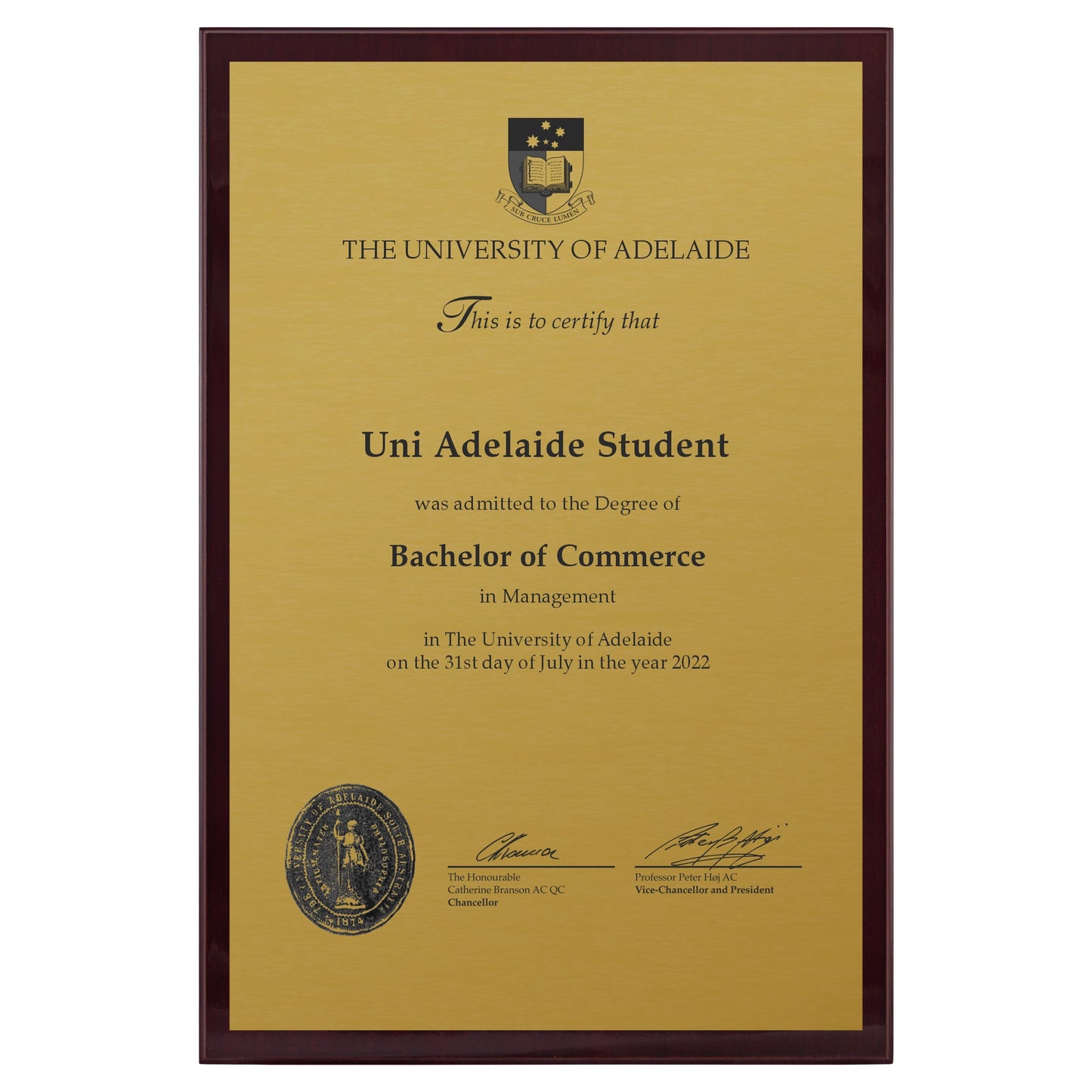 University of Adelaide Certificate Plaque - A3 Size