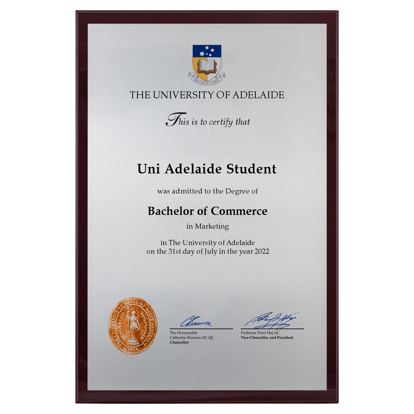 University of Adelaide Certificate Plaque - A3 Size