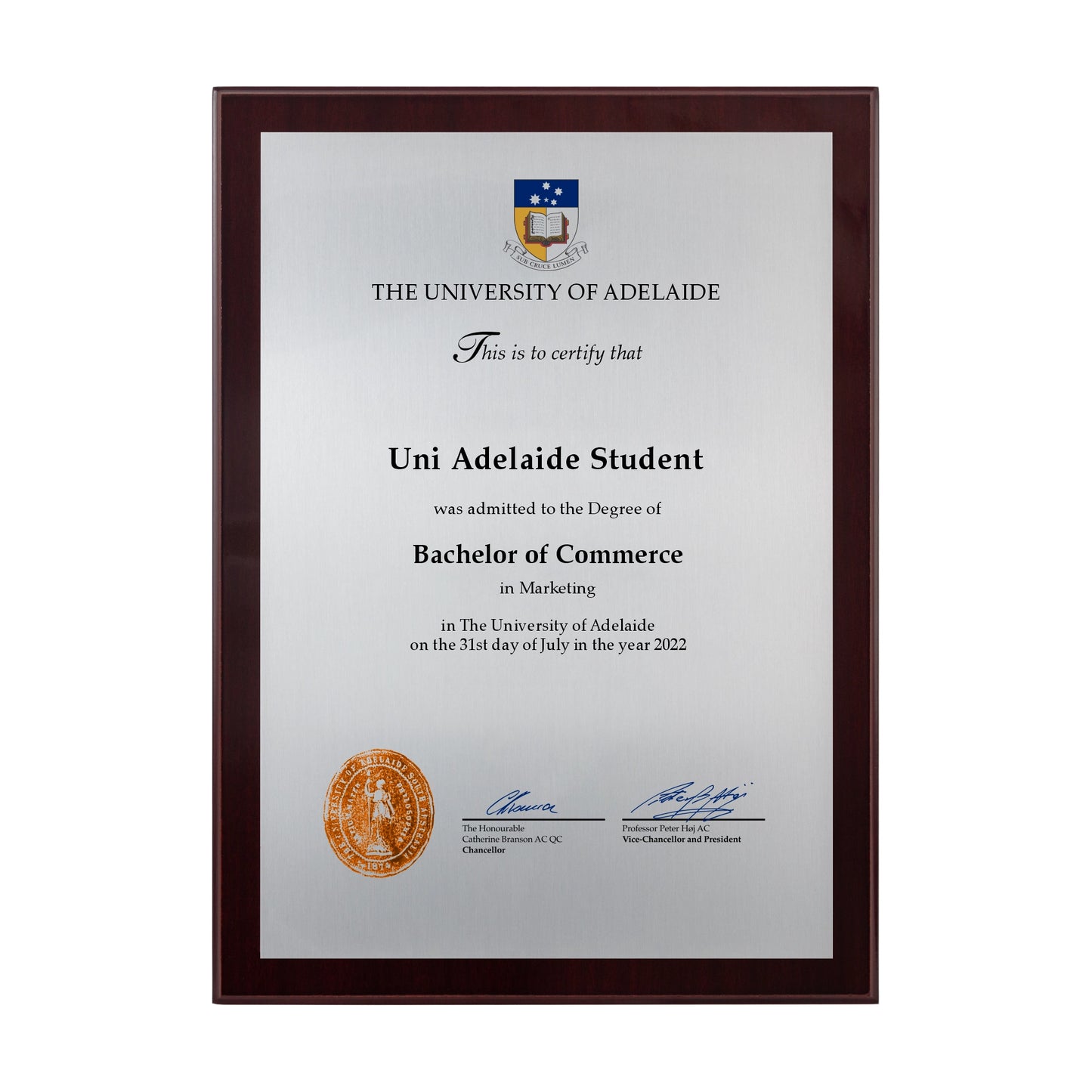 University of Adelaide Certificate Plaque - A4 Size