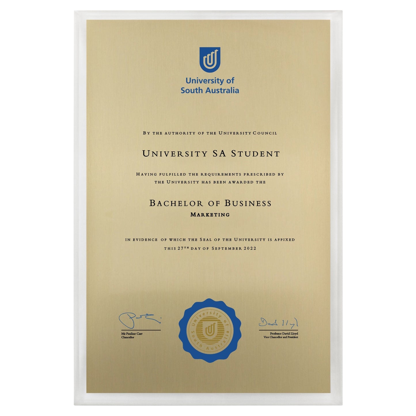 University of South Australia Certificate Plaque - A3 Size