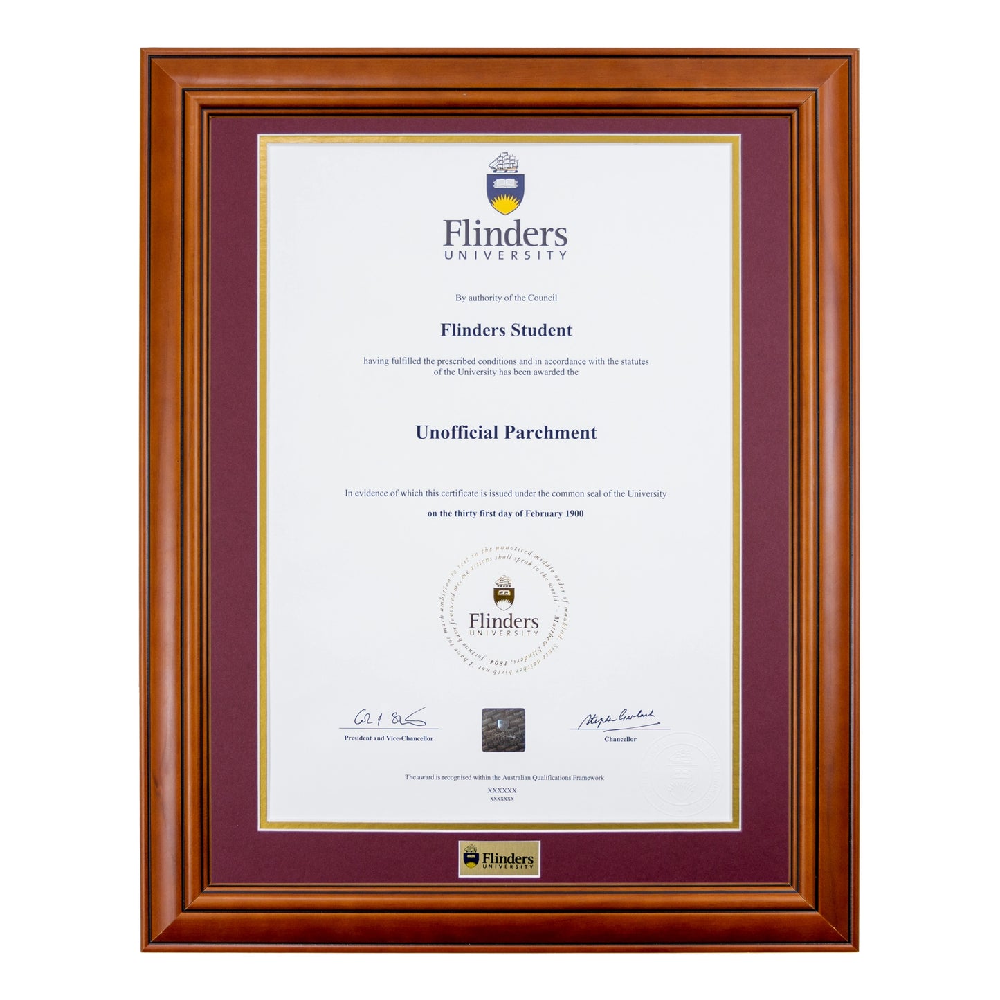 Flinders University Single Certificate Frame - Traditional Timber