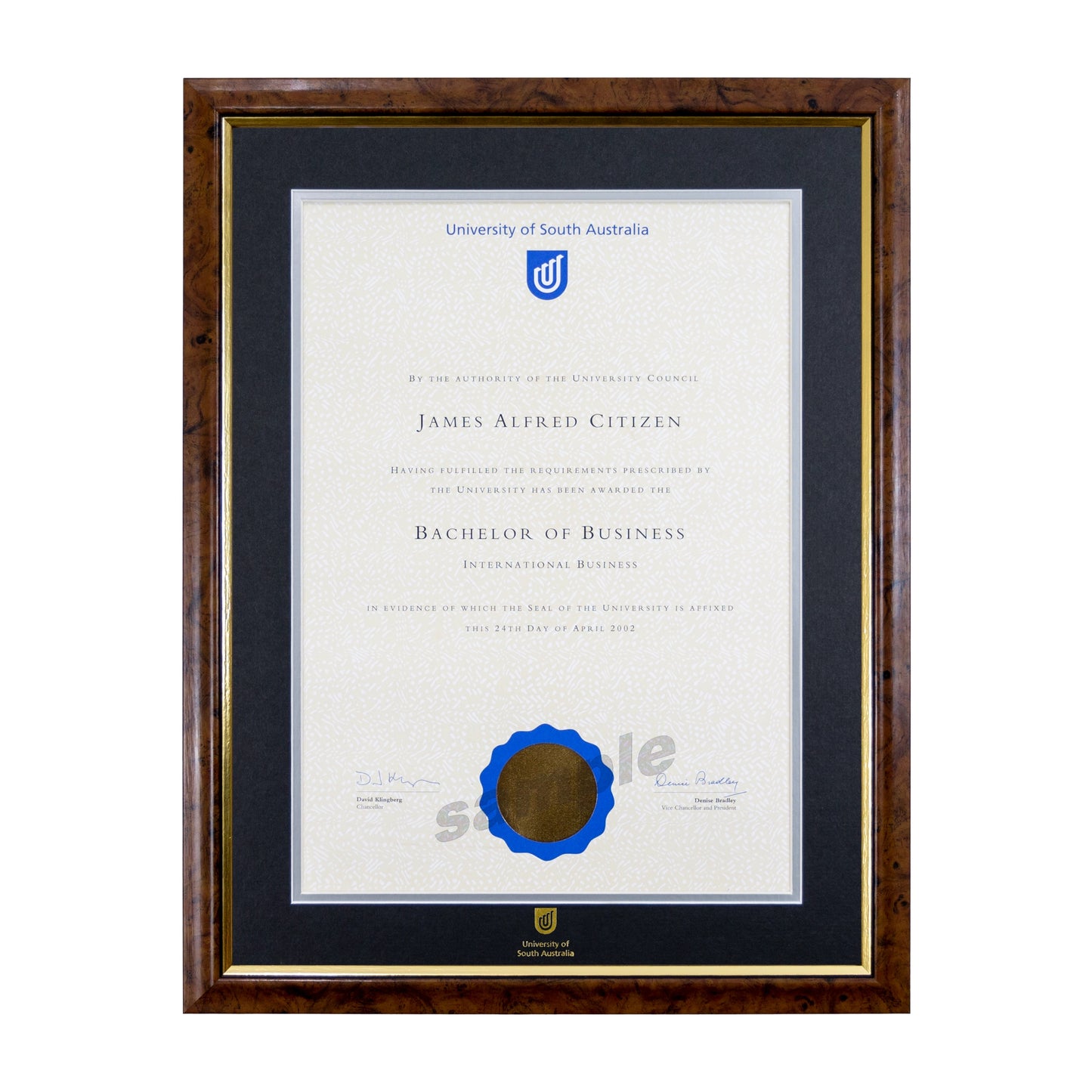 University of South Australia Single Certificate Frame - Birdseye Walnut