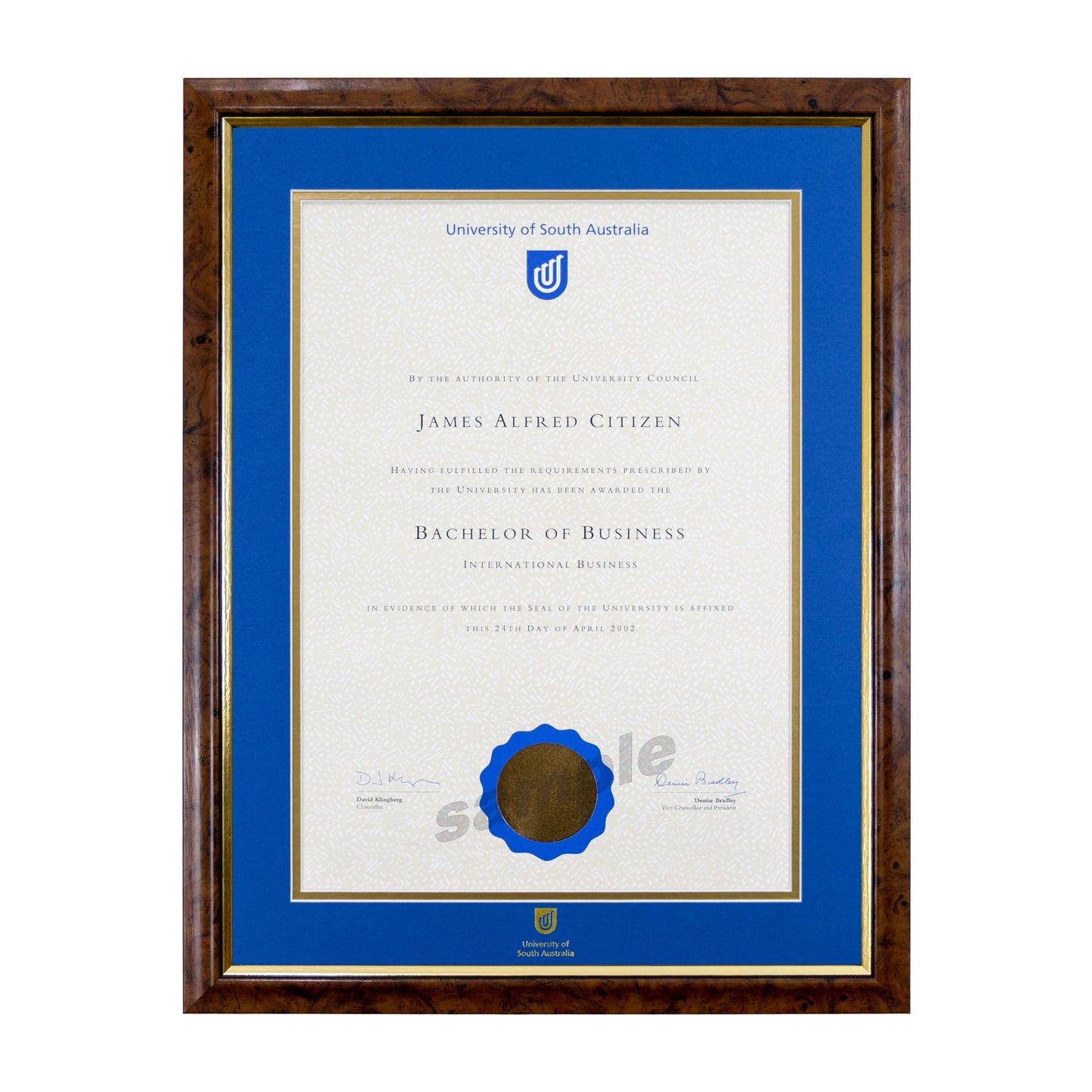 University of South Australia Single Certificate Frame - Birdseye Walnut