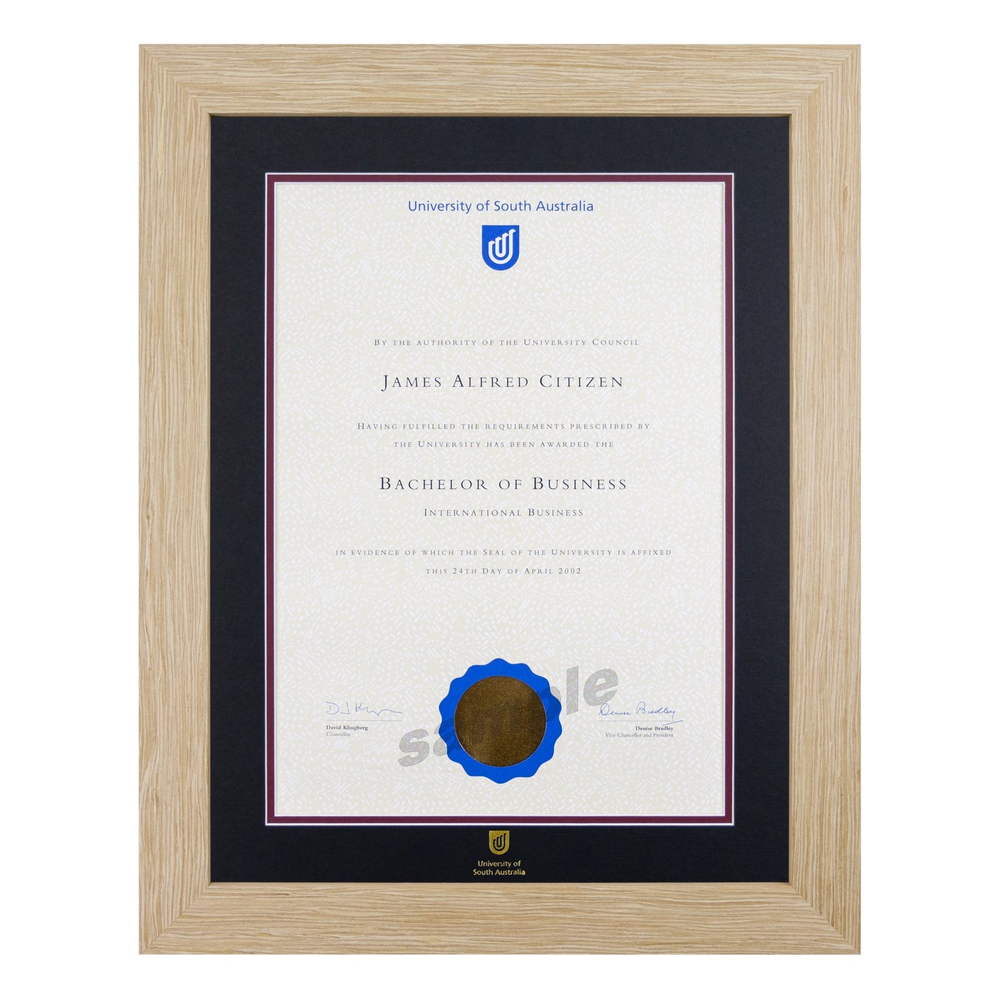 University of South Australia Single Certificate Frame - Natural
